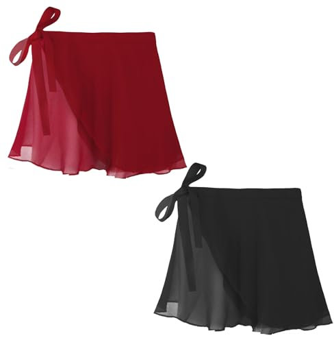 HENGBIRD 2 Stück Ballettrock Wickelrock, Rocklänge 32cm Ballettkleid Damen aus Chiffon, Verstellbare Taille Ballettkleidung Mädchen, Tanz Rock Ballettkleid Mädchen, Rot, Schwarz