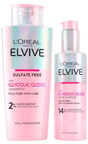 L'Oréal Paris Elvive Glycolic Gloss Aufhellendes Shampoo mit Glykolsäure 200ml + Serum ohne Ausspülen für poröses und glanzloses Haar Elvital Glykolglanz 150ml - 2 Flaschen