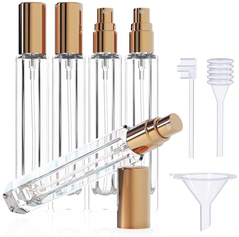 seafulee Set di 5 flaconi di profumo in vetro da 10 ml, con dispenser, portatili, ricaricabili da viaggio, mini atomizzatore vuoto per profumo di Colonia (tappo dorato, 5 pezzi)