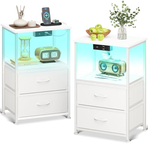 Coleshome Nachttisch 2er Set, mit 2 USB und 1 Steckdosen und LED-Leuchtbänder, Nachttische mit 2 Stoffschubladen und 1 Speicherplatz, Geeignet für Kleine Schlafzimmer, 40 * 30 * 60cm, Packung mit 2