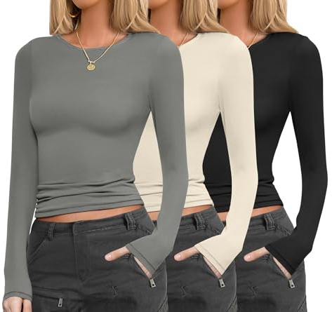 Ekouaer Womens 3 Pack Long Sleeve Shirts Fitted Tops Base Layering Tight Thermal Undershirts, Black/Light Gray/Beige, L