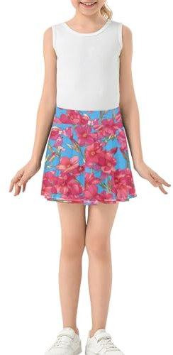 Bright Red Phlox Flower Athletic Skirt with Built-in Shorts, Girls Performance Skirts, Cheer Skirts, Bright Red Phlox Flowers, 9-10 Years