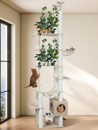 Fantasreen Large Cat Tree Floor to Ceiling Tower, Adjustable Height 77-101 Inches Tall, Climbing Cat Activity Furniture with Thickened Posts, Hammock Bed and Condo for Indoor Cats, White
