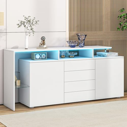 Easexcy Kommode, Sideboard, Wohnzimmermöbel in Weiß Hochglanz, Wohnzimmerschrank, Standschrank, TV-Schrank, Wohnzimmerwand, Highboard, 160x35x70cm