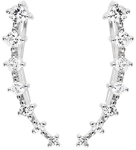 LÖB 750er (18 Karat) Weißgold Vergoldet Ohrklemme Zirkonia Silber Weiß, Damen Ohrringe Ohrkletterer Bogen Steine Modern Ohrstecker Ohrmanschette Glitzer Strass Ohr Kletterer Minimalistisch