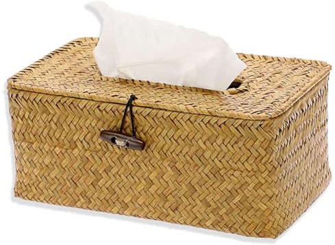 Rechteckige Gewebte Taschentuchbox, Seagrass Tissue Box, 27 x 16,5 x 9,8 cm Tissue Box, Taschentuchbox mit Deckel, Aufbewahrungsbox mit Deckel, für Bad, Büro und Wohnzimmer, Karamellfarbe
