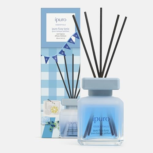 ipuro - Essentials fizzy tonic Raumduft 100ml - Frischer Gin Tonic Duft mit Wacholder & Zitrusnoten - Lufterfrischer, Duftdiffuser mit Rattanstäbchen - Aromatischer Raumduft für Wohnzimmer, Bad, Küche