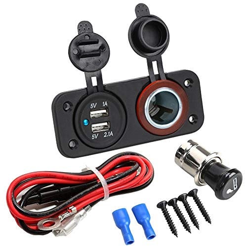 MMOBIEL Universal Waterproof Two Hole Panel Dual USB Charger LED Indicator Power Outlet Socket 12V-24V output 5V 2.1A and Cigarette Lighter for Boat Motorbike Mower Tractor RV ATV Car incl Wiring Kit