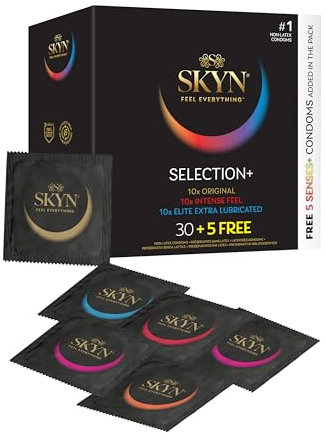 SKYN Selection Kondome 30 Stück & 5 Sinne/Skynfeel Latexfrei für Männer, 10 x Original, intensives Gefühl, extra Gleitmittel, Kondome in normaler Größe, dünn