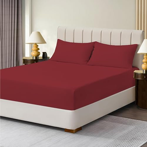 R&Z Extra Deep Polycotton Non Iron Fitted Sheet Easy Care 40cm (Wine/Burgandy, Double)