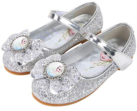 Eleasica Fille Talons Plats Chaussures de Princesse Reine des Neiges Elsa Anna Paillettes Déguisement Violet Argenté Bleu Rose Doux Halloween Noël Anniversaire Carnaval Cosplay ,27 EU,Argenté