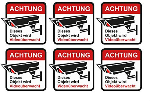 6 Stück Premium Aufkleber Achtung Objekt wird Videoüberwacht Alarmgesichert Alarmanlage Hinweis Witterungs- und UV-Beständig