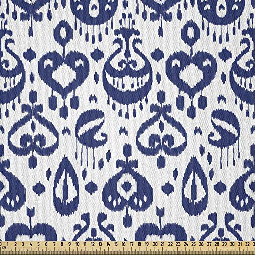 ABAKUHAUS Navy blau Stoff als Meterware, Weinlese asiatisches Ikat, Microfaser Stoff für Dekoratives Basteln, 1M (230x100cm), Weiß Blau