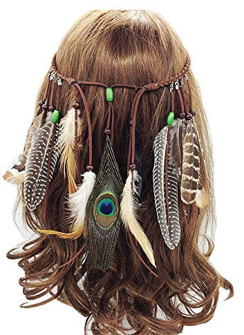Jurxy Böhmische Pfau Feder Kopfschmuck Stirnband Damen Hippie Boho Indianer Stirnbänder Zigeuner Headwear Weben Frau Mädchen Lieblings Haarschmuck – Braun- Stil 3