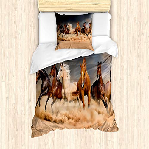 ABAKUHAUS Pferd Bettbezug Set für Einzelbetten, Equine Themed Tiere, Milbensicher Allergiker geeignet mit Kissenbezug, Braun Sand