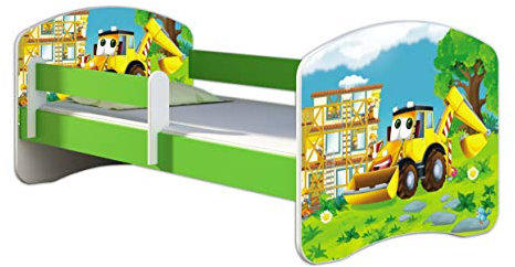 ACMA Kinderbett Jugendbett mit Einer Schublade und Matratze Grün mit Rausfallschutz Lattenrost II 140x70 160x80 180x80 (20 Bagger, 140x70)