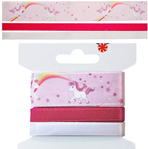 alles-meine.de GmbH Schleifenbänder - für Geschenkschleife/Schleife & Deko - pink - rosa/Einhorn & Regenbogen - 4,5 Meter - Satin Bänder - Geschenk und Schultüte - Satinband ..
