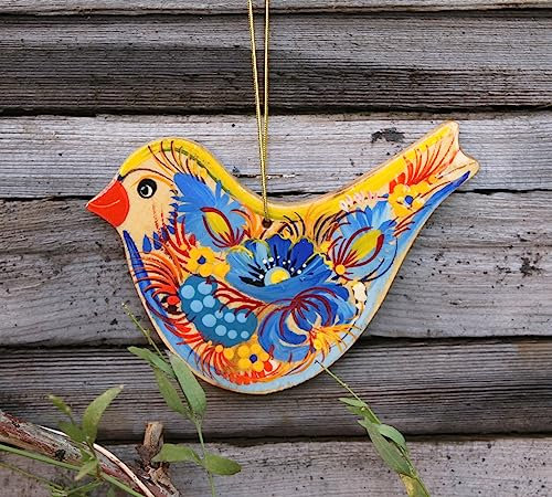 Schöner Christbaumschmuck Vogel zum Aufhängen 11 x 8,3 x 0,5 aus Holz Beidseitig Handbemalt Petrykiwka-Malerei, Ukrainische Kunst für Ihren Christbaum