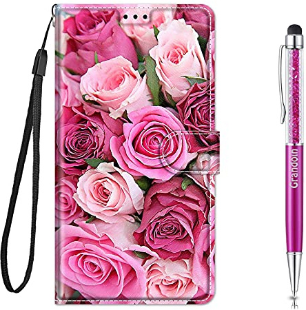 Grandoin für Samsung Galaxy S9 Plus Hülle, Handyhülle im Brieftasche-Stil, Handytasche PU Leder Flip Cover Kreative Muster Hülle Magnet Case TPU Stoßfeste Schutzhülle Lederhülle Case (Pinke Rose)