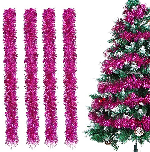 Weihnachtsgirlanden, 4pcs Lametta Weihnachtsbaum, 2m Lametta Girlande, Girlande Weihnachtsbaum, Weihnachtsdeko Lametta für Weihnachtsbaum, Weihnachtsfeier, Geburtstagsparty Dekoration(Rosarot)