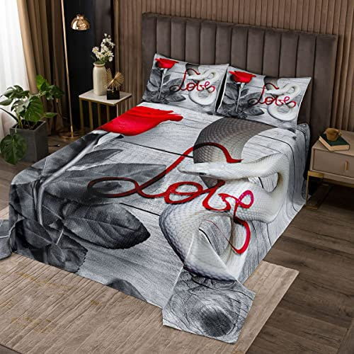 Weiße Schlange Bettdecke 220x240cm,Red Rose Flowers Blumen Bett/Sofabezug 3 Stück für Mädchen Teens,Reptile Animal Board Steppdecke Set mit 2 Kissenbezügen,Weiches Polyester