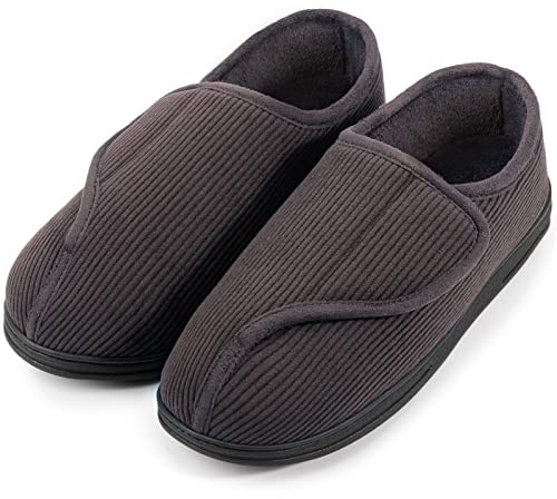 LongBay Men's Diabetic Wide Fit Slippers Comfy Warm Plush Fleece Memory Foam Arthritis Edema Swollen House Shoes Dark Grey 10UK