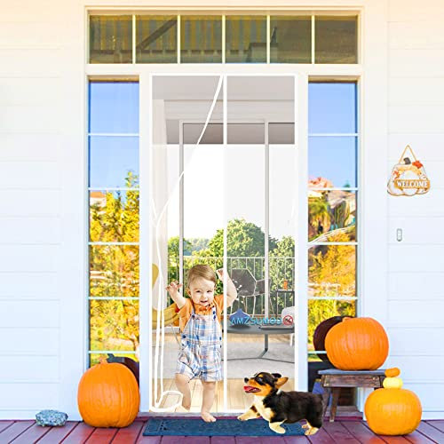 Magnetic Screen Door Curtain,Reinforced Fiberglass Insect Fly Mesh for Back Door Pet Friendly Easy to Install 235 x 230 cm White