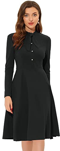 Allegra K Women's Tie Neck Knit Long Sleeve Knee Length Dress Black 12