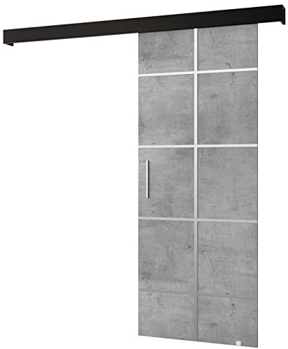 KRYSPOL Schiebetürsystem Salwador 3 Komplett-Set für Schiebetüren, Trennwände Innentüren, Modern Design (Beton/Gitter: schwarz matt/Griff und Streife: silber)