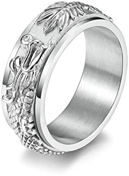 Beydodo Edelstahl Herren Ring Freundschaft, Männer Ringe Drachen Ring Spinner 8MM Partnerring Silber Ring Personalisiert Größe 62 (19.7)