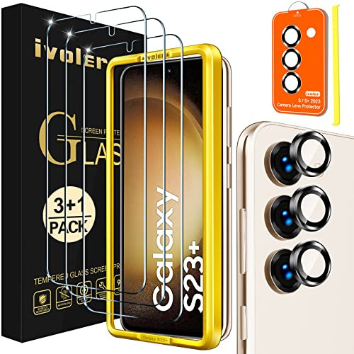 ivoler 3 Piezas Protector de Pantalla para Samsung Galaxy S23+ 5G / S23 Plus 5G con 3 Piezas Protector de Lente de Cámara y Marco de Instalación, Cristal Vidrio Templado Anti-Arañazos, Ultra HD