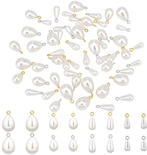 PH PandaHall 64 Stück Teardrop Perlen Anhänger 4 Größen Imitationsperlen-Charms Mit Schleifen Weißer Tropfen Handwerksperlen-Anhänger Zum Auffädeln Für Ohrringe Halsketten Armbänder Schmuckherstellung