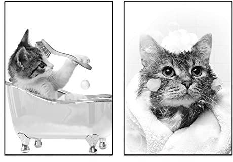 EXQULEG 2 Stück Badezimmer Bilder, Katze in der Badewanne Bilder, Poster Schwarz Weiß Wandbilder, Lustig Tier Schwarz Weiß Wand Kunst Drucke, Ohne Rahmen (30x40cm)