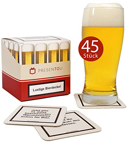 Presentou 45 Lustige Bierdeckel Getränke-Untersetzer mit Warnhinweisen | Party-Gag | Glas-Untersetzer als Gastgeschenk für den nächsten Pokerabend oder Jungesellen-Abschied | Männergeschenk