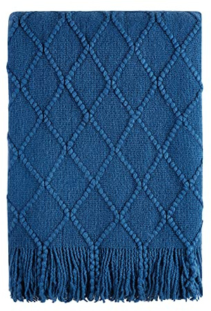 BOURINA Knitted Textured Throw Soft Sofa Blanket Royal Blue 152x203cm | Soft textured solid knit fabric, decorative home throw, multi-use for sofa couch bed, lightweight warm, neutral home decor