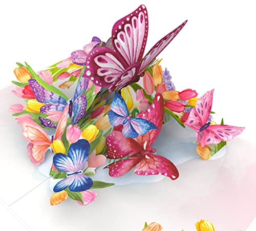 LIMAH® Pop-Up 3D Geburtstagskarte mit Schmetterlingen und Tulpen - Blumen Karte zum Geburtstag, Muttertag, Valentinstag als Gutschein, Geldgeschenk oder zum Geburtstagsgeschenk