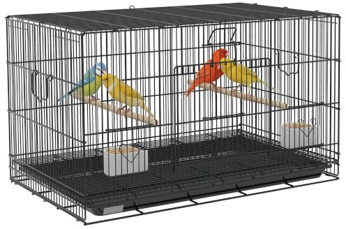 PawHut Vogelkäfig 77x46x45 cm Vogelkäfig aus Metall mit herausnehmbarem Tablett 2 Sitzstangen 2 Futterstellen für Wellensittiche Kanarienvögel Schwarz