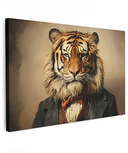 MuchoWow© Impressions sur Toile 120x80 cm Deco Tableau Murale Decoration Salon Peinture Tableaux Chambre Toiles Maison Vintage - Tigre - Costume - Beige - Animaux