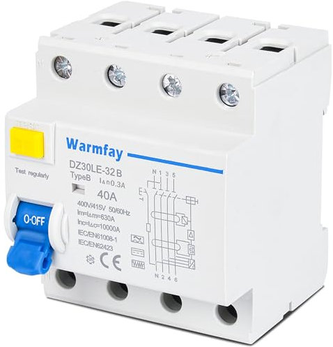 Warmfay FI Schutzschalter 40A 300mA Typ B, 4 Polig RCD Allstromintensiv Schalter Automat Sicherung, Fehlerstromschutzschalter DC 6MA für Wallboxen Ladestationen