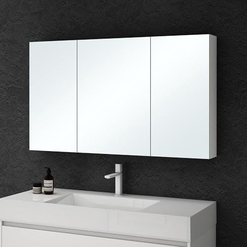 doporro Armoire Murale Salle de Bains avec Miroir Placard de Rangement Étagères Réglable Blanc Mat en Bois Armoire de Toilette 3 Portes 120x15x70 cm Spiegelschrank 02