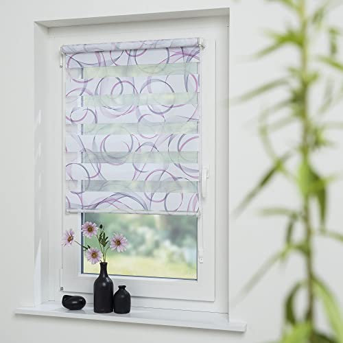 Klemmfix- Duorollo/Doppelrollo mit Druckmotiv Swirly mit verstellbaren Klemmträgern, Montage ohne Bohren, Breite: 75 cm/Höhe: 160 cm, Farbe: grau-Fuchsia