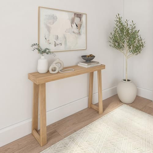 Plank+Beam Table console en bois massif, 117 cm, table de canapé, table d'entrée étroite pour couloir, derrière le canapé, salon, foyer, assemblage facile, blond