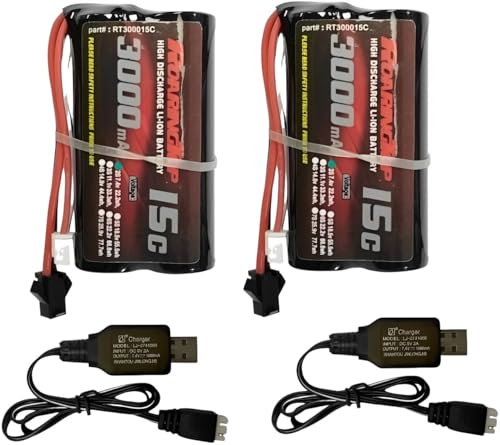 RoaringTop 7.4V 3000mAh 2S Rechargeable Lithium-Ion Battery with SM-2P Plug and 2 USB Chargers, Suitable for MN D90/91 MN 99/99S RC Car H101 H103 H105 RC Marine RC Truck Battery