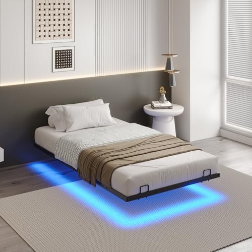 DICTAC Estructura de Cama 90 x 200 cm Con Iluminación LED, Somier de Láminas de Metal Flotante, Cama Juvenil Con Luz, Fácil de Montar, Color Negro