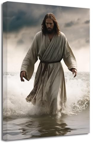 LZIMU Jesus Leinwand Bilder Jesus geht am Strand Bilddrucke Gott Gemälde christliche Kunstwerke spirituelle Kirche Wanddekoration Gerahmt (Bild-1, (30.00 x 45.00 cms))