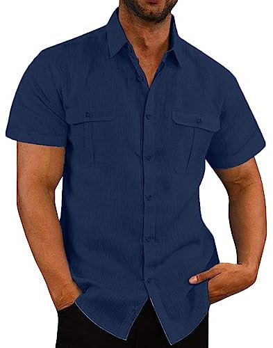 AEGJEGVD Men's Navy Linen Cotton Short Sleeve Shirt 5XL Regular Fit Button Down Casual Solid Collared Neck Wrinkle Free Breathable Soft Fabric Classic Design Chest Pocket Double Cuff Imported
