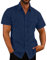 AEGJEGVD Men's Navy Linen Cotton Short Sleeve Shirt 5XL Regular Fit Button Down Casual Solid Collared Neck Wrinkle Free Breathable Soft Fabric Classic Design Chest Pocket Double Cuff Imported
