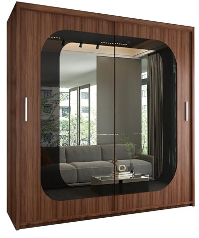 FURNITUREWAVE Minosa Sliding Mirror Doors Wardrobe For Modern Bedroom Furniture Cupboard with Space Saving Shelves and Hanging Rails (Walnut/Black, 203cm)