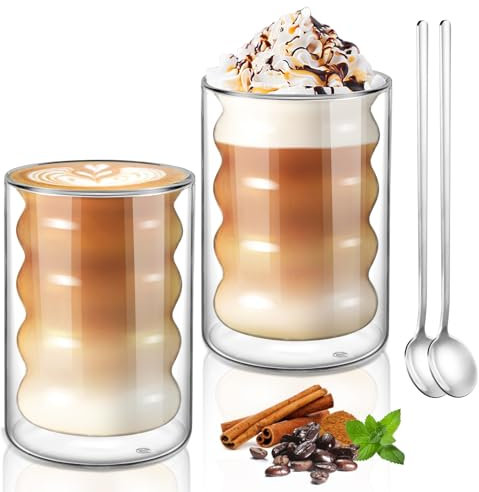 ecooe Double Walled Glass Coffee Mugs 350ml, Cappuccino Latte Macchiato Glass Mugs Set of 2, Ripple Shaped Coffee Glasses, Heat Resistant Glass Coffee Cup for Tea Milk Juice Ice Cream