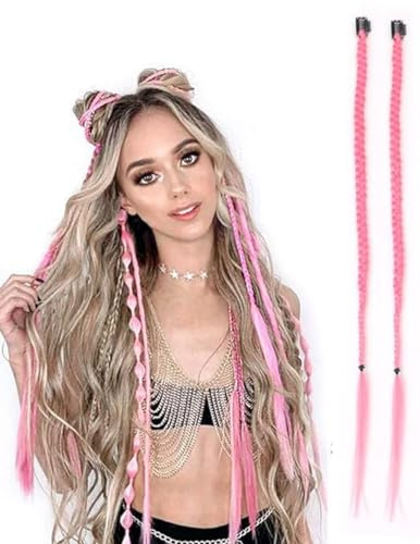2 x Clip-In Hair Extension Highlights Streaks, Colourful Hair Highlights (Pink 1 Braid - On A Clip)
